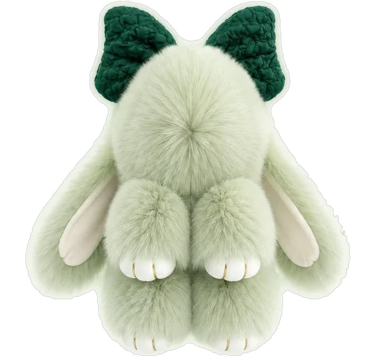 Matcha, a sage green fluffy bunny keychain